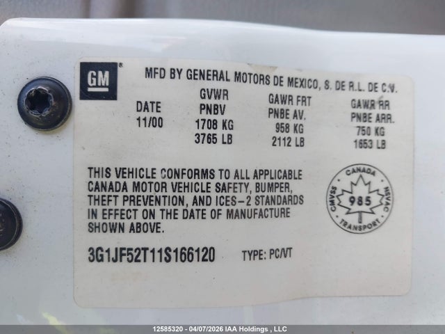 Aukcja sprzedaży 2001 Chevrolet Cavalier Ls, vin: 3G1JF52T11S166120, numer aukcji: 12585320
