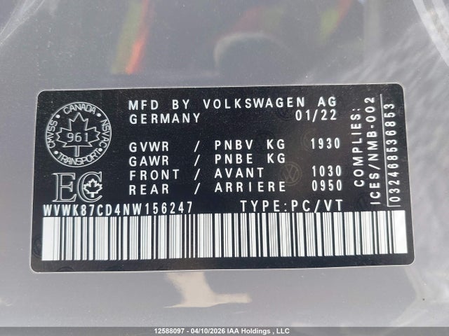 12588097 :رقم المزاد ، WVWK87CD4NW156247 vin ، 2022 Volkswagen Golf Gti مزاد بيع