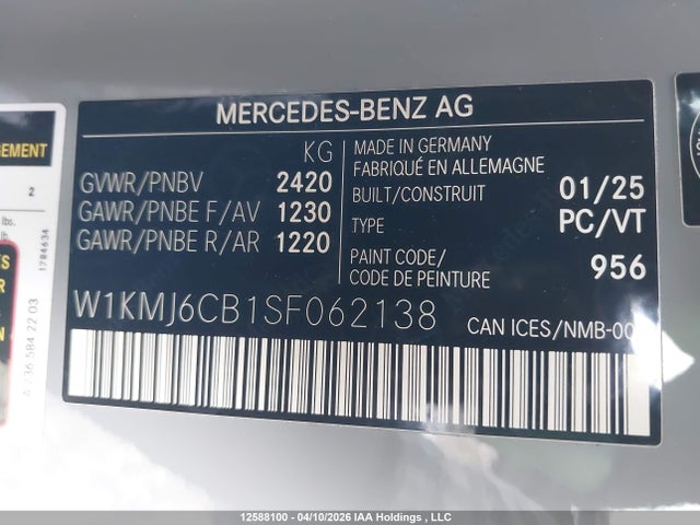Продаж на аукціоні авто 2025 Mercedes-benz Amg Cle 53 4matic+, vin: W1KMJ6CB1SF062138, номер лоту: 12588100