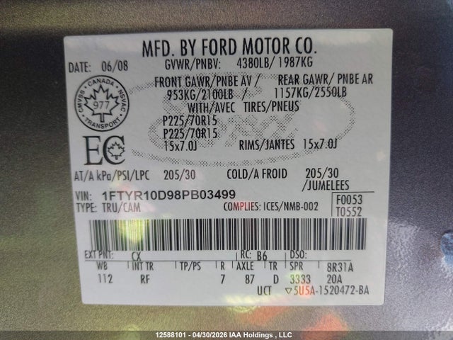 12588101 :رقم المزاد ، 1FTYR10D98PB03499 vin ، 2008 Ford Ranger مزاد بيع