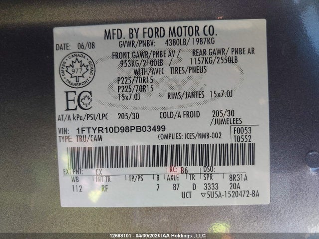 12588101 :رقم المزاد ، 1FTYR10D98PB03499 vin ، 2008 Ford Ranger مزاد بيع