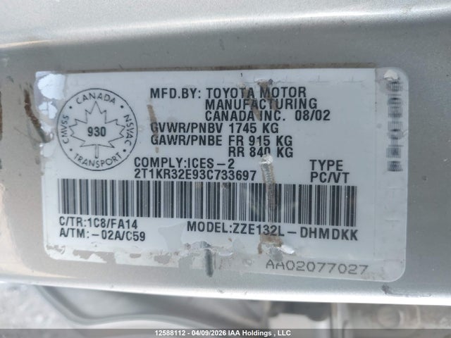 2003 Toyota Corolla Matrix Xr მანქანა იყიდება აუქციონზე, vin: 2T1KR32E93C733697, აუქციონის ნომერი: 12588112
