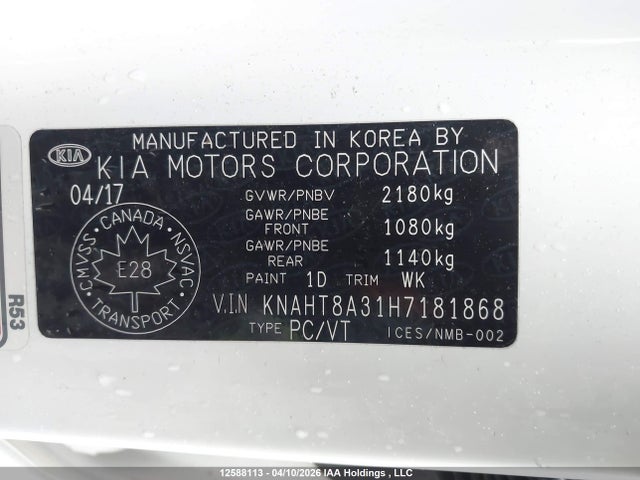 Aukcja sprzedaży 2017 Kia Rondo L/lx, vin: KNAHT8A31H7181868, numer aukcji: 12588113