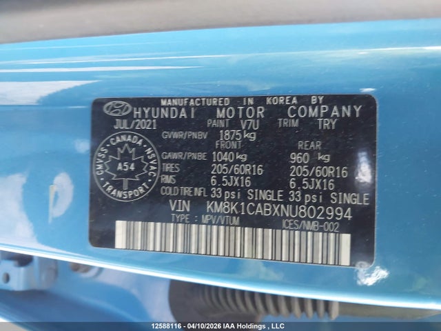 2022 Hyundai Kona Se მანქანა იყიდება აუქციონზე, vin: KM8K1CABXNU802994, აუქციონის ნომერი: 12588116