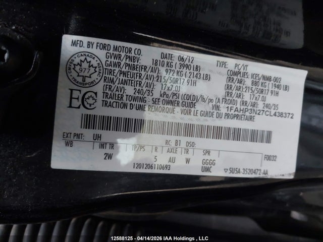 12588125 :رقم المزاد ، 1FAHP3N27CL438372 vin ، 2012 Ford Focus Titanium مزاد بيع