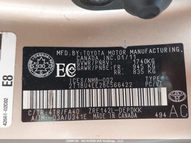 2011 Toyota Corolla Ce მანქანა იყიდება აუქციონზე, vin: 2T1BU4EE2BC566422, აუქციონის ნომერი: 12588126