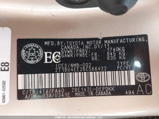 2011 Toyota Corolla Ce მანქანა იყიდება აუქციონზე, vin: 2T1BU4EE2BC566422, აუქციონის ნომერი: 12588126