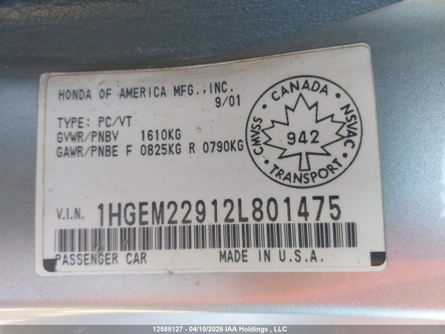 2002 Honda Civic Ex მანქანა იყიდება აუქციონზე, vin: 1HGEM22912L801475, აუქციონის ნომერი: 12588127