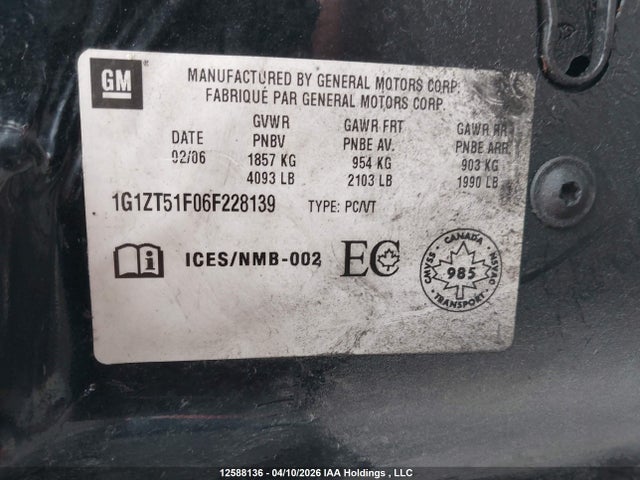 Продаж на аукціоні авто 2006 Chevrolet Malibu Lt, vin: 1G1ZT51F06F228139, номер лоту: 12588136