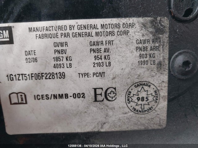 Продаж на аукціоні авто 2006 Chevrolet Malibu Lt, vin: 1G1ZT51F06F228139, номер лоту: 12588136