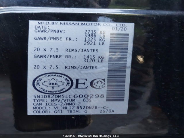 5N1DR2DM5LC600298 Nissan Pathfinder Platinum