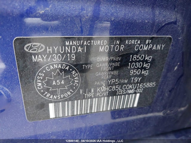 KMHC85LC0KU165885 Hyundai Ioniq