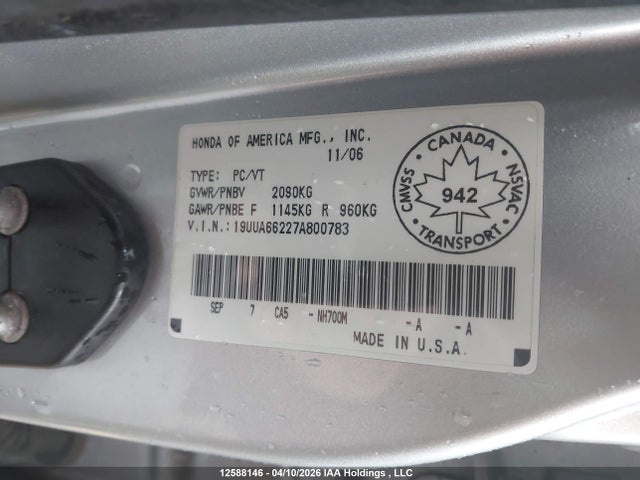 12588146 :رقم المزاد ، 19UUA66227A800783 vin ، 2007 Acura Tl مزاد بيع
