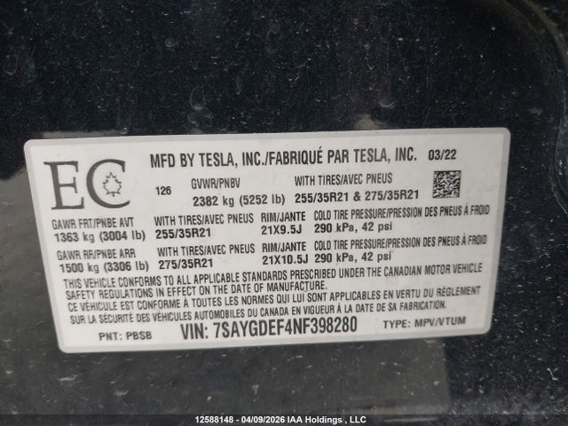 7SAYGDEF4NF398280 Tesla Model Y