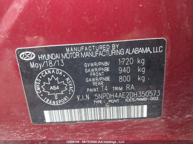 Продажа на аукционе авто 2013 Hyundai Elantra Gl, vin: 5NPDH4AE2DH350573, номер лота: 12588149