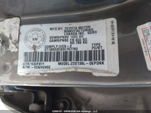 12588151 :رقم المزاد ، 2T1BR32EX3C757782 vin ، 2003 Toyota Corolla مزاد بيع