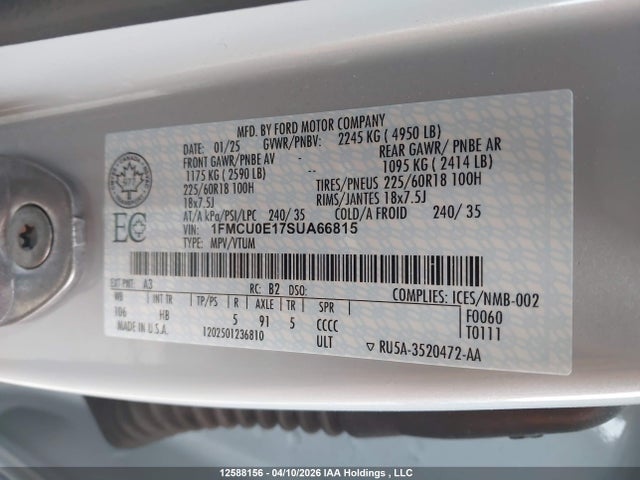 Продажа на аукционе авто 2025 Ford Escape, vin: 1FMCU0E17SUA66815, номер лота: 12588156