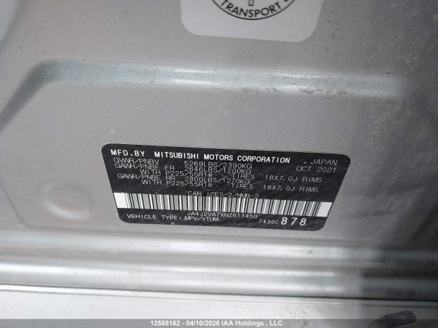 Auction sale of the 2022 Mitsubishi Outlander Phev Black Edition/gt/le/se, vin: JA4J2VA7XNZ611450, lot number: 12588162