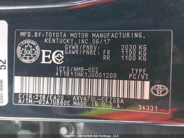 4T1B11HK1JU001200 Toyota Camry L/le/xle/se/xse