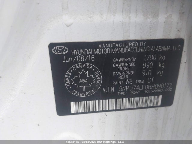 5NPD74LF0HH090172 Hyundai Elantra Le