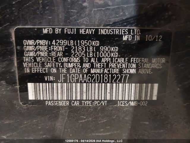 Aukcja sprzedaży 2013 Subaru Impreza, vin: JF1GPAA62D1812277, numer aukcji: 12588176