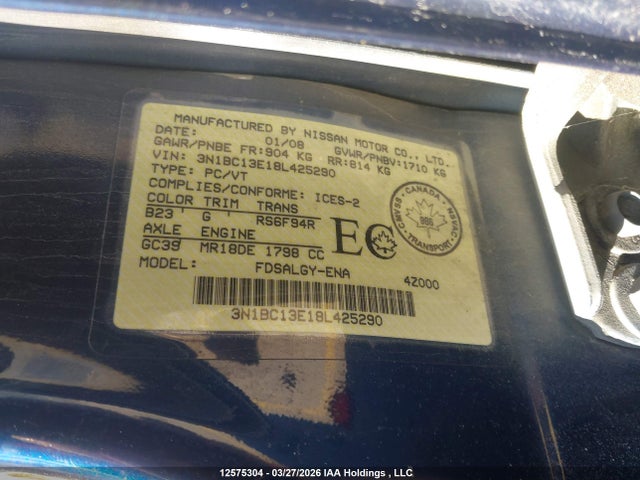 Aukcja sprzedaży 2008 Nissan Versa 1.8sl, vin: 3N1BC13E18L425290, numer aukcji: 12575304