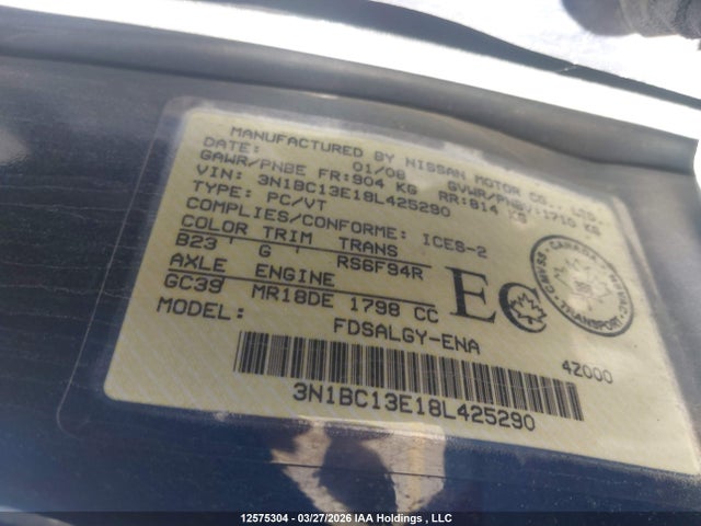 Aukcja sprzedaży 2008 Nissan Versa 1.8sl, vin: 3N1BC13E18L425290, numer aukcji: 12575304