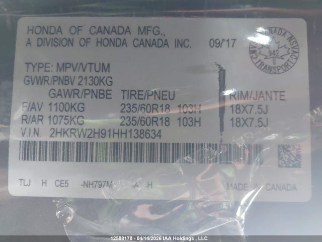 2HKRW2H91HH138634 Honda Cr-v Touring