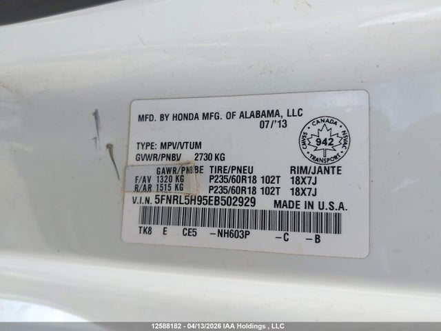 Aukcja sprzedaży 2014 Honda Odyssey Touring/touring Elite, vin: 5FNRL5H95EB502929, numer aukcji: 12588182