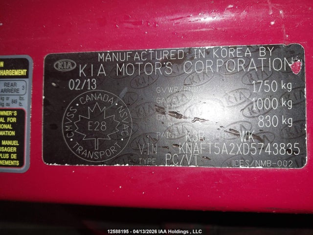 12588195 :رقم المزاد ، KNAFT5A2XD5743835 vin ، 2013 Kia Forte Lx مزاد بيع