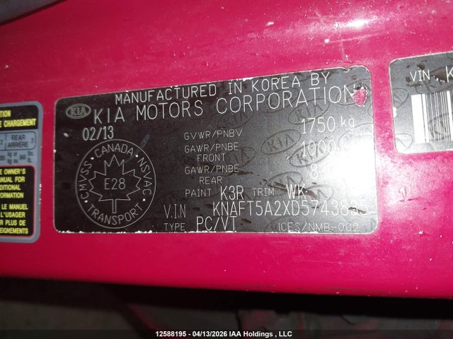 12588195 :رقم المزاد ، KNAFT5A2XD5743835 vin ، 2013 Kia Forte Lx مزاد بيع