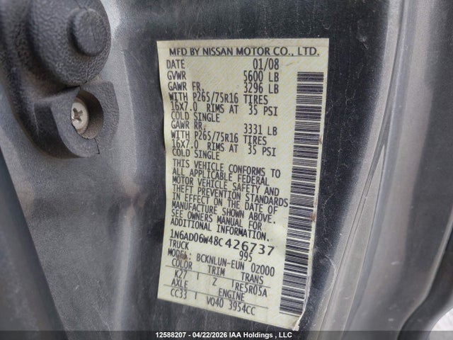 12588207 :رقم المزاد ، 1N6AD06W48C426737 vin ، 2008 Nissan Frontier King Cab Le/se/off Road مزاد بيع