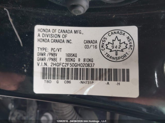 Продаж на аукціоні авто 2016 Honda Civic Lx, vin: 2HGFC2F50GH020837, номер лоту: 12582816
