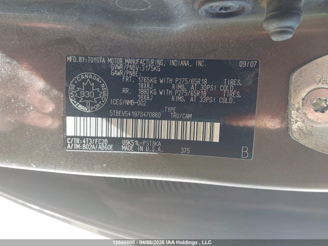 Aukcja sprzedaży 2007 Toyota Tundra Sr5 5.7l V8, vin: 5TBEV54197S470860, numer aukcji: 12586600