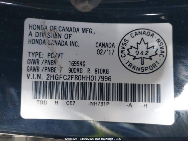 2HGFC2F80HH017996 Honda CIVIC EX