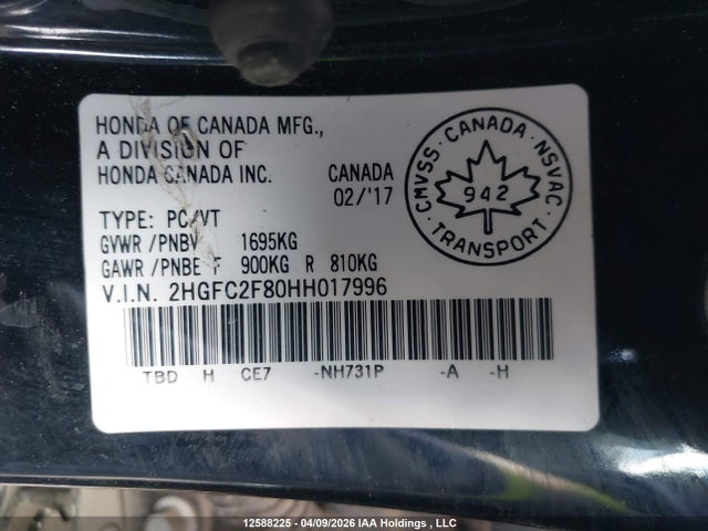 2HGFC2F80HH017996 Honda CIVIC EX