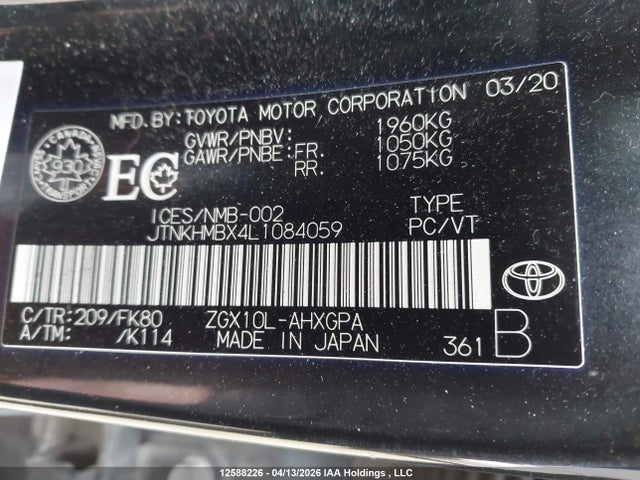 JTNKHMBX4L1084059 Toyota C-hr Xle/le/limited