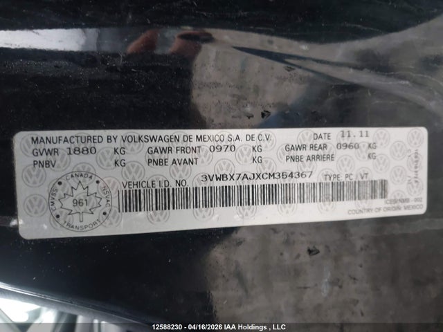 2012 Volkswagen Jetta Se მანქანა იყიდება აუქციონზე, vin: 3VWBX7AJXCM354367, აუქციონის ნომერი: 12588230