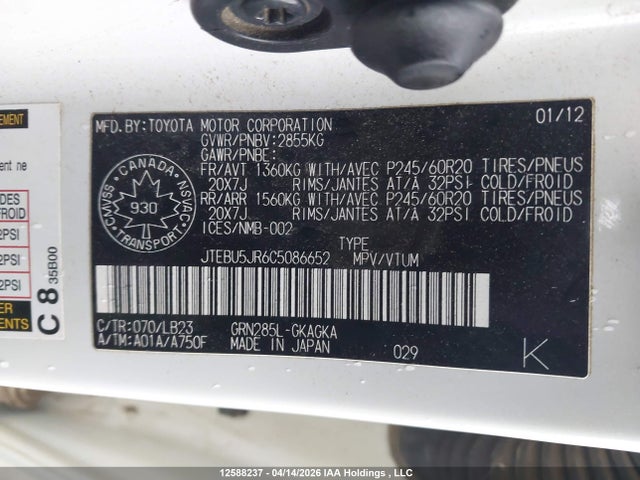 12588237 :رقم المزاد ، JTEBU5JR6C5086652 vin ، 2012 Toyota 4runner Sr5 V6 مزاد بيع