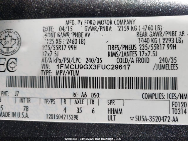 Продажа на аукционе авто 2015 Ford Escape Se, vin: 1FMCU9GX3FUC29617, номер лота: 12588247