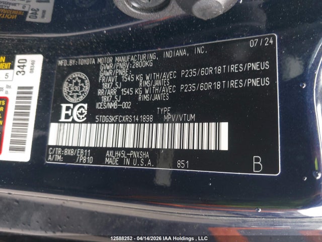 5TDGSKFCXRS141898 Toyota Sienna Xse 7-passenger