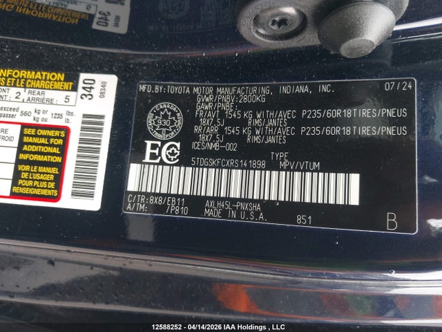 5TDGSKFCXRS141898 Toyota Sienna Xse 7-passenger