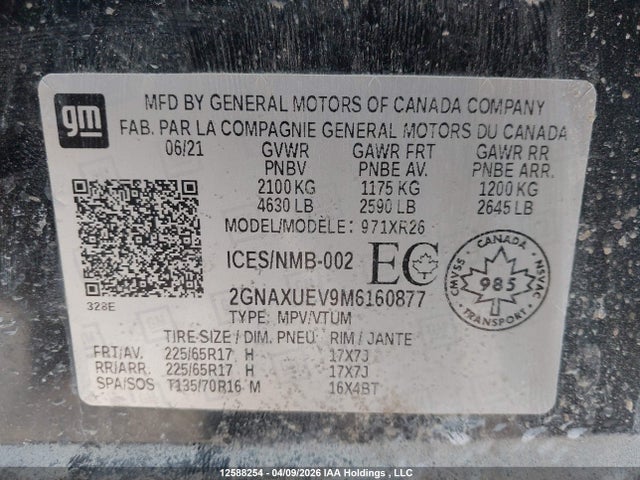 Aukcja sprzedaży 2021 Chevrolet Equinox Lt, vin: 2GNAXUEV9M6160877, numer aukcji: 12588254