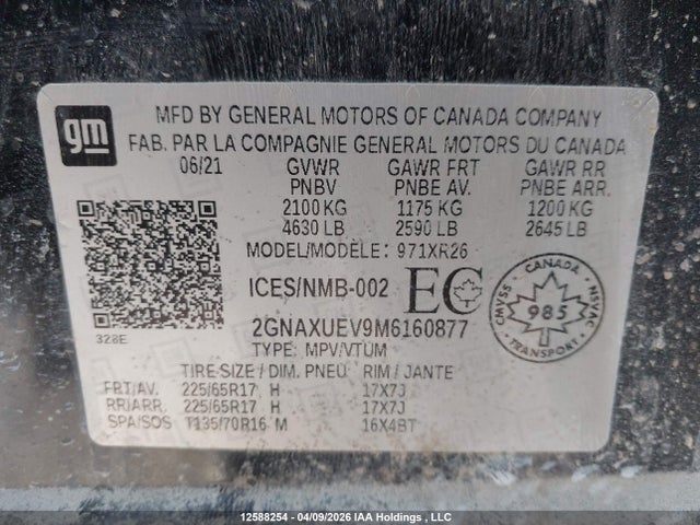 Aukcja sprzedaży 2021 Chevrolet Equinox Lt, vin: 2GNAXUEV9M6160877, numer aukcji: 12588254