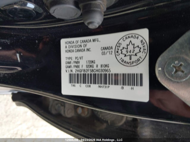 Aukcja sprzedaży 2012 Honda Civic Lx, vin: 2HGFB2F58CH030965, numer aukcji: 12588256