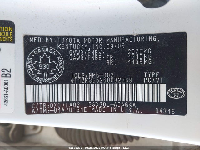 2006 Toyota Avalon Xl/xls/touring/limited მანქანა იყიდება აუქციონზე, vin: 4T1BK36B26U082369, აუქციონის ნომერი: 12588273