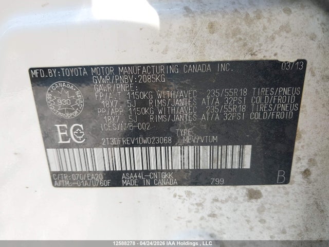 2013 Toyota Rav4 Limited მანქანა იყიდება აუქციონზე, vin: 2T3DFREV1DW023068, აუქციონის ნომერი: 12588278