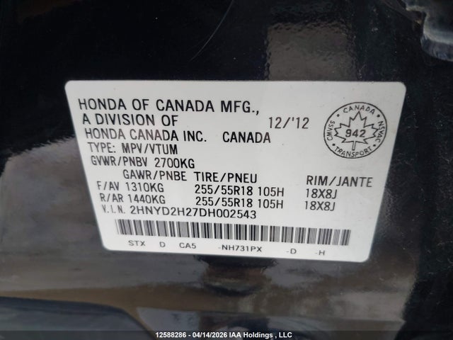 Aukcja sprzedaży 2013 Acura Mdx, vin: 2HNYD2H27DH002543, numer aukcji: 12588286