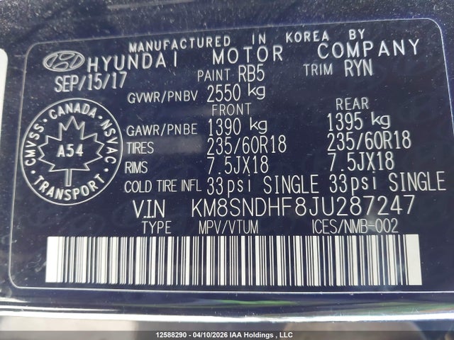 KM8SNDHF8JU287247 Hyundai Santa Fe Xl Premium