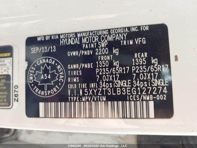 12588299 :رقم المزاد ، 5XYZT3LB3EG127274 vin ، 2014 Hyundai Santa Fe Sport 2.4 Base مزاد بيع